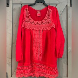 Red Johnny Was BOHO long sleeve mini dress coverup. Small EUC